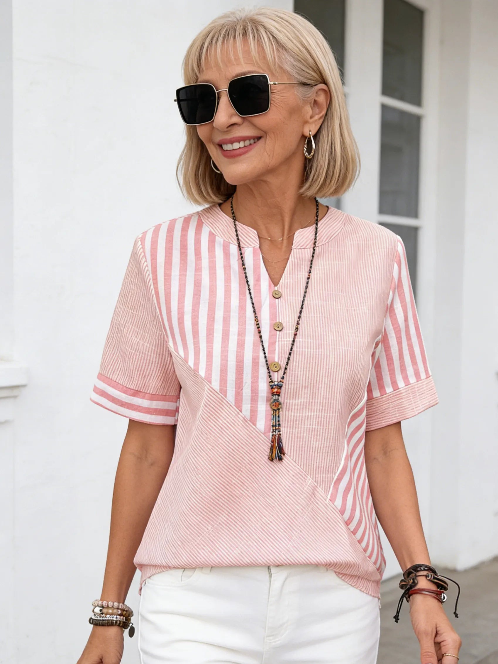 Women Blouse Casual Striped Short Sleeve Notched Regular Loose Shirt