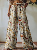 Vintage Boho Flowers Embroidered Linen Blend Casual Pants