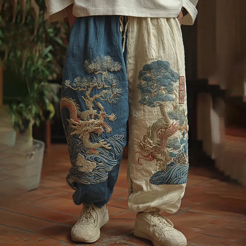 Men's Japanese Dragon Art Contrast Linen Pants