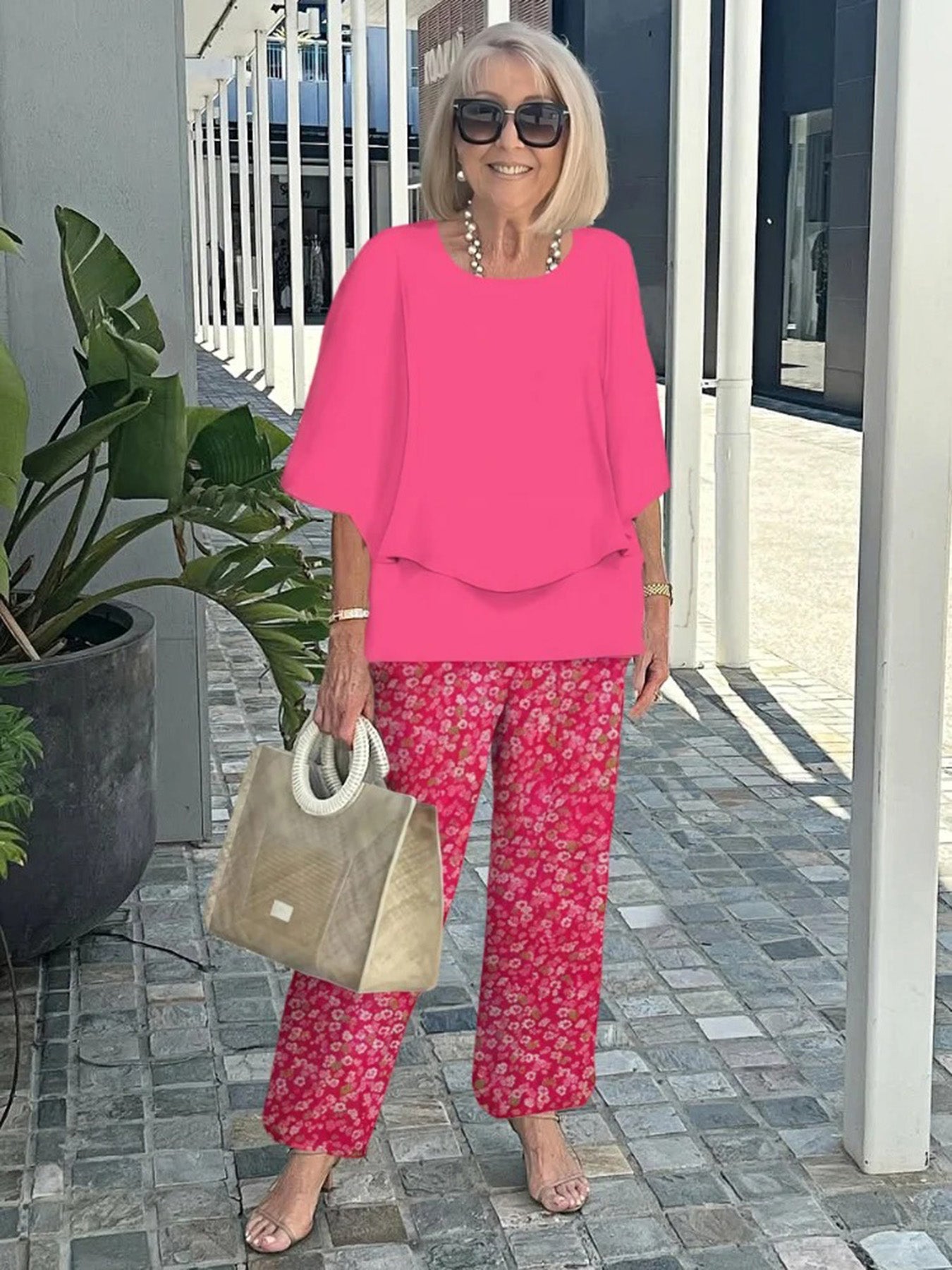 Casual Crew Neck Medium Sleeve Top Printed Floral Pants Set Two-piece Set