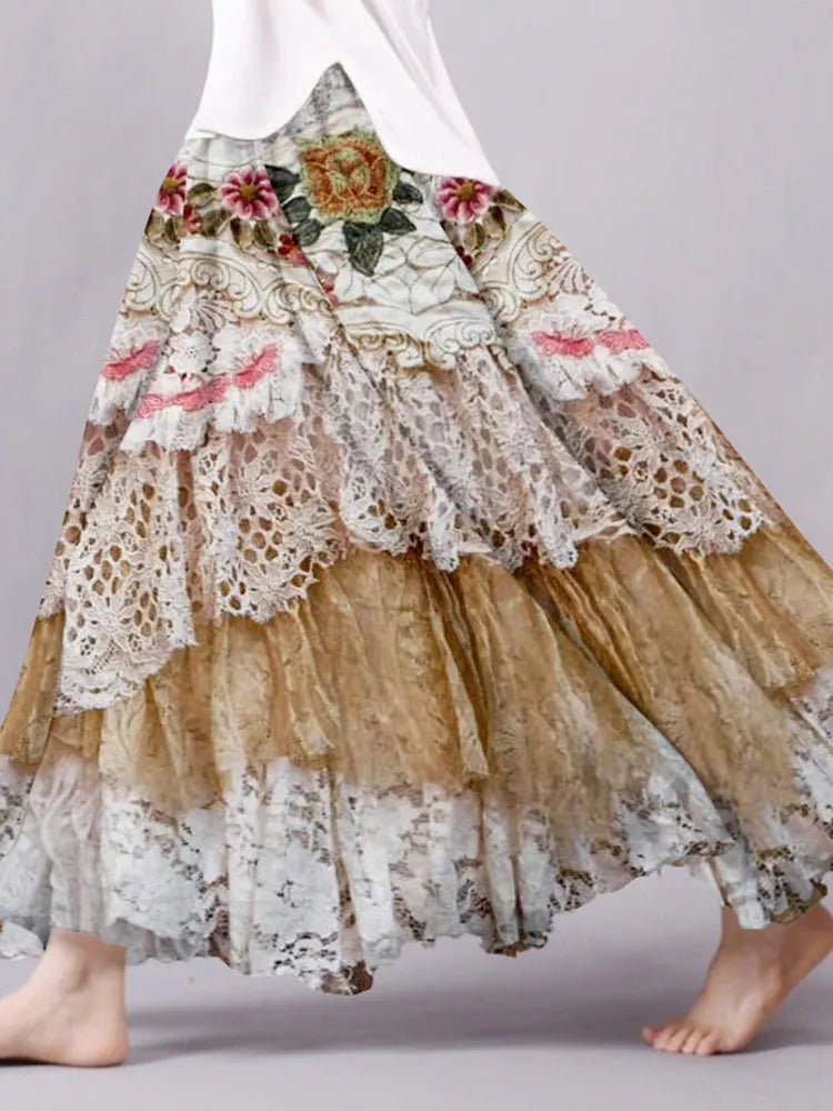 Vintage Boho Lace Flower Embroidery Flowy Wide Skirt