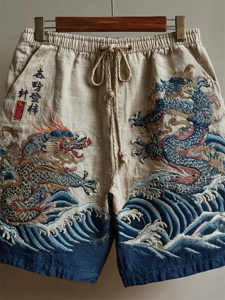 Japanese Dragons Sea Waves Embroidered Linen Shorts