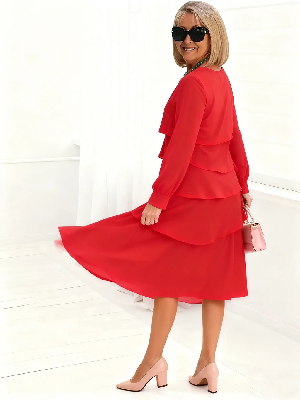 Deep V-Neck Long-sleeved Fashion Cake Skirt Women's Temperament Loose and Thin Round Neck Dress Women