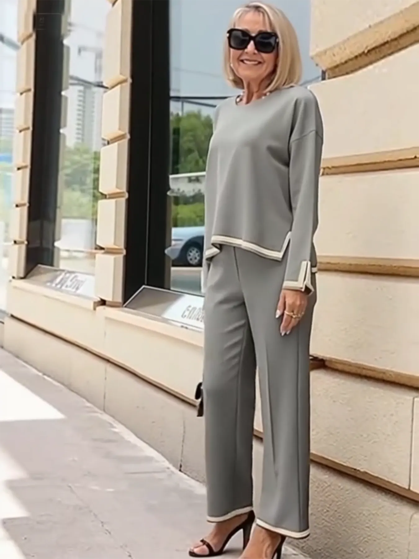 Contrasting Color Split-ended Long-sleeved Knitted Sweater High-waisted and Thin Wide-leg Pants and Trousers Two-piece Set