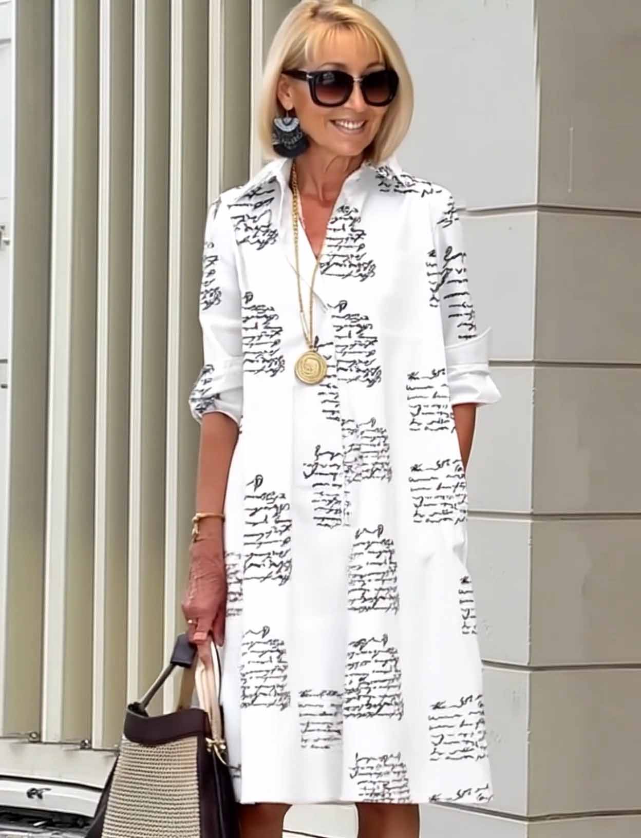 Casual Side Pockets Letter Printed Shirt Dress