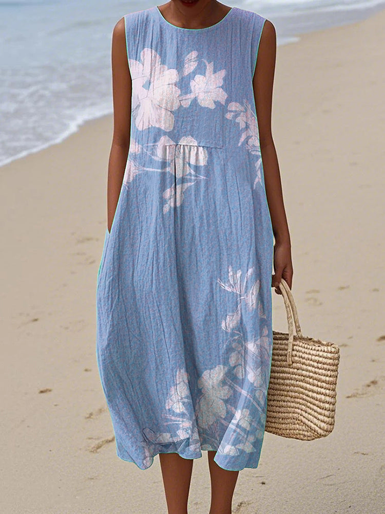 Vintage Loose Floral Art Linen Tank Dress