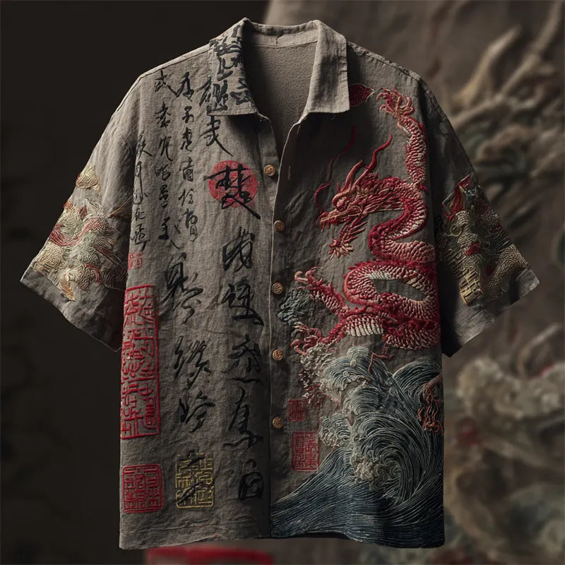Men's Japanese Dragon & Sea Waves Calligraphy Linen Shirt