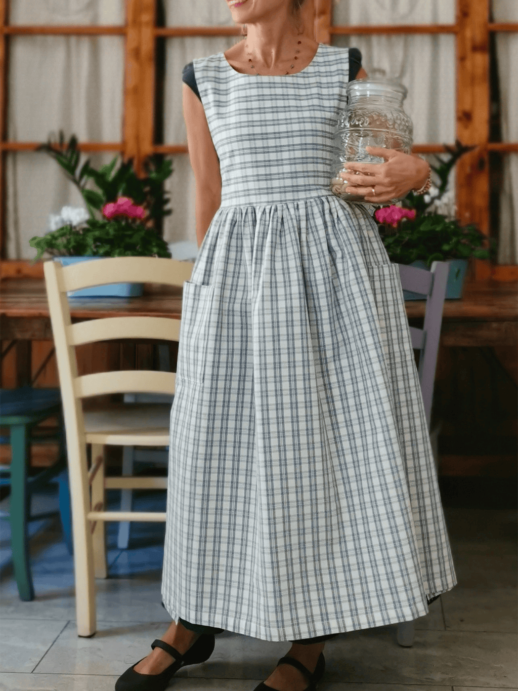 Light Blue and Cream Tartan Cotton Apron