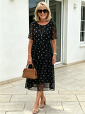 Black Elephant Print Tiered Chiffon Midi Dress, Round Neck Short Sleeve High Waist Loose Tummy Cover Mom Dress