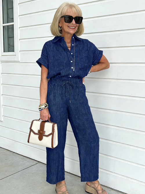 2Pcs Plus Size Cotton and Linen Striped Suit Lapel Short Sleeve Straight Trousers