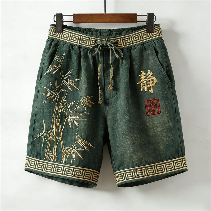 Men's Japanese Bamboo Calligraphy Art Drawstring Linen Shorts