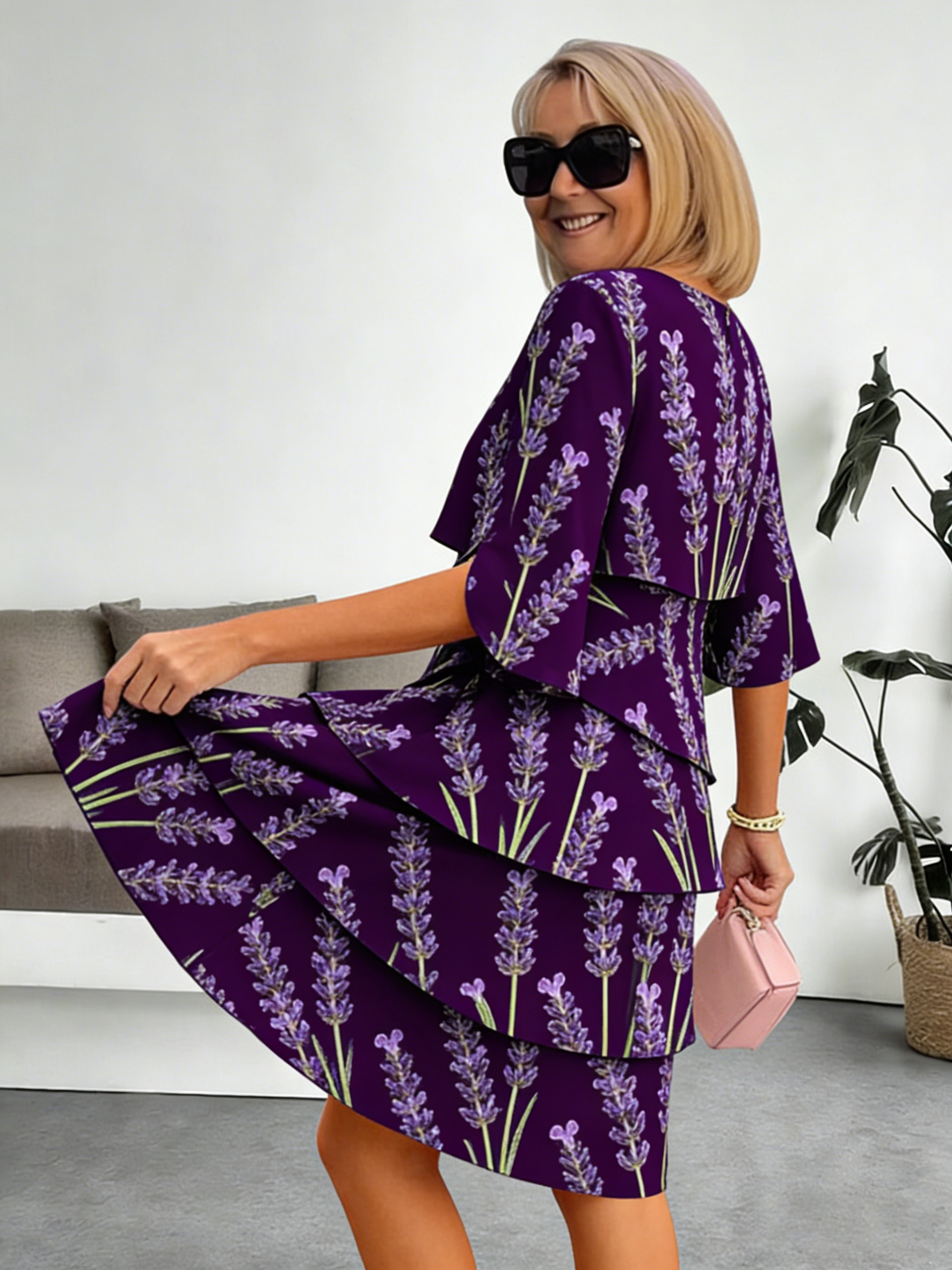 Lavender Chiffon Vacation Prints Color Round Neck Cake Skirt Splicing Dress Mid-length