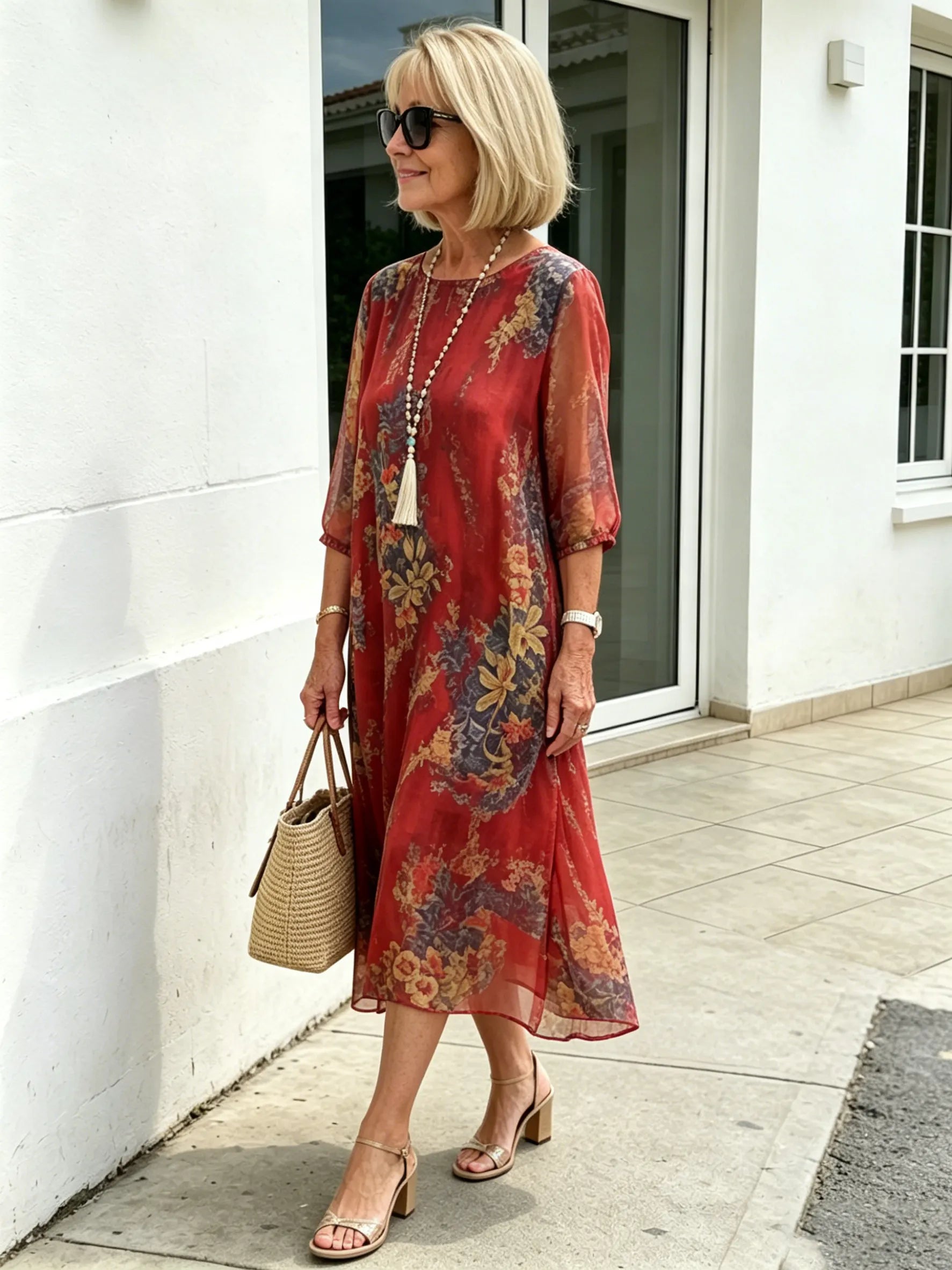 Black Floral Chiffon Midi Dress, Loose Tummy Hiding 3/4 Sleeve Printed Dress for Mature Women
