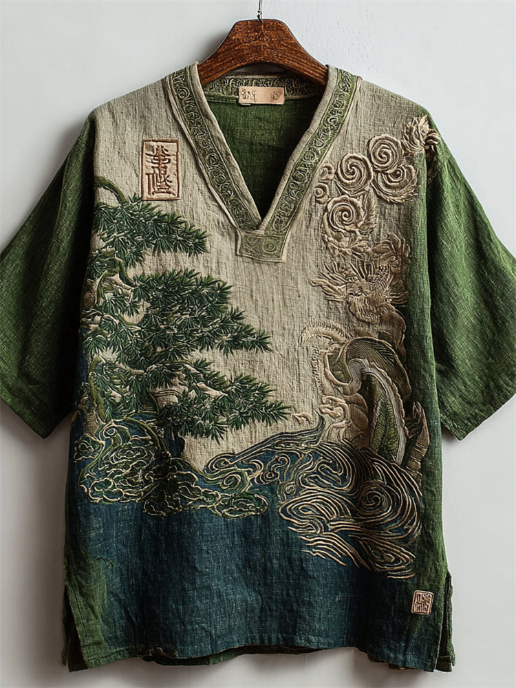 Japanese Pine Tree & Sea Waves Embroidered Contrast Linen Shirt