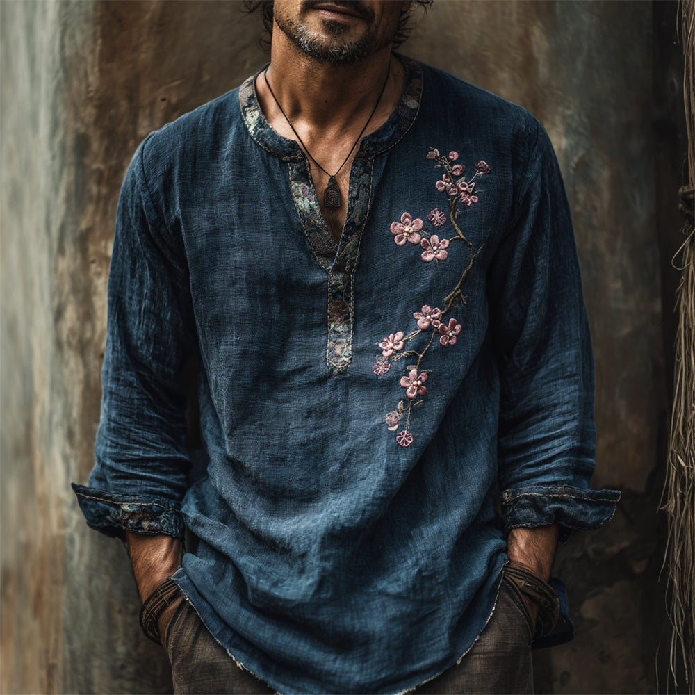 Japanese Plum Flower Embroidery Men's Linen Long Sleeve Shirt