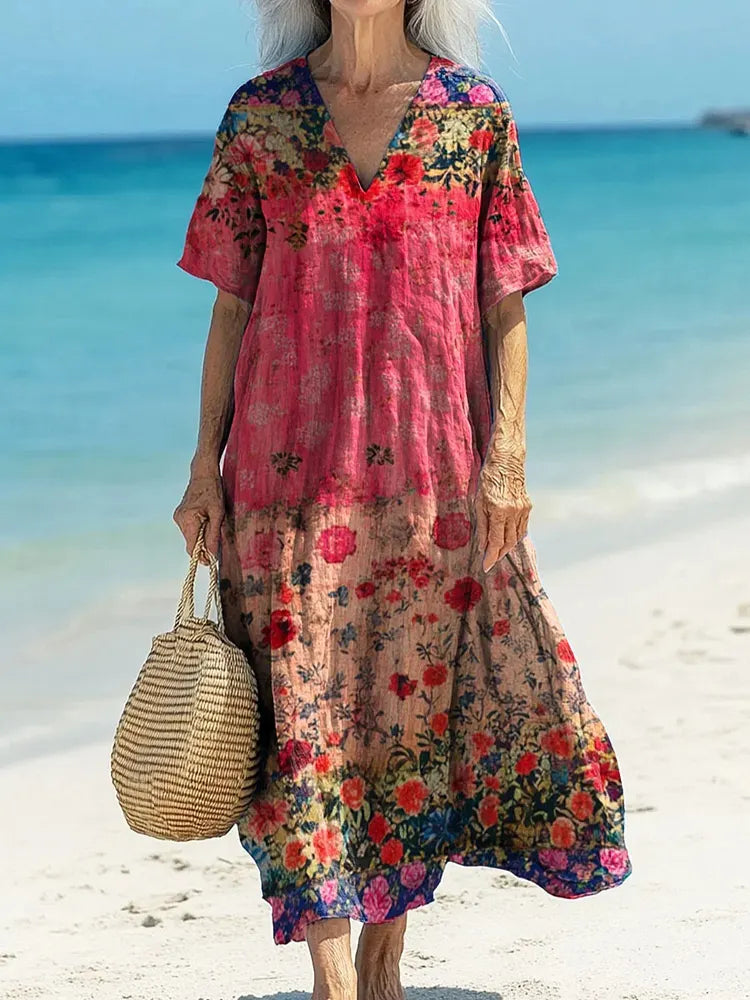 Women's Beach Vacation Vintage Floral Print V-neck Casual Flowy Midi Dress