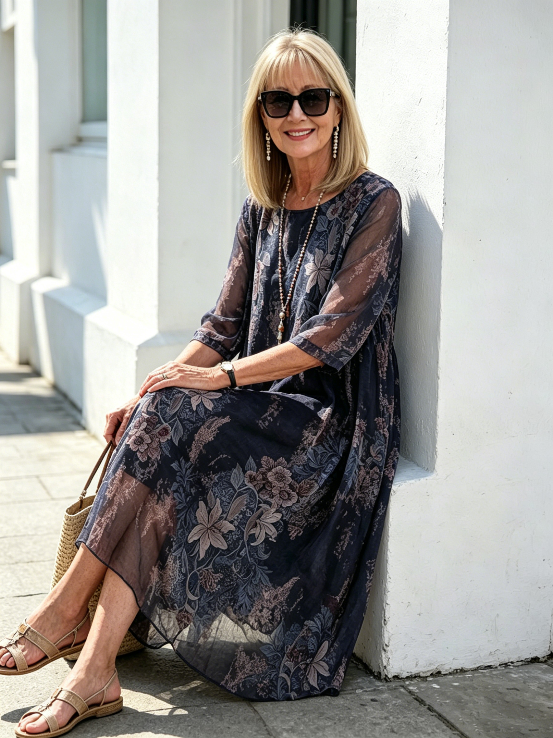 Black Floral Chiffon Midi Dress, Loose Tummy Hiding 3/4 Sleeve Printed Dress for Mature Women