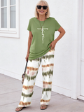 2Pcs Crew Neck Short Sleeve Casual Striped Printed Wide Leg Pants Two-piece Trousers Set