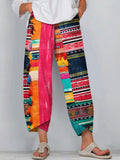 Colorful Geometric Pattern Tassel Linen Blend Pants